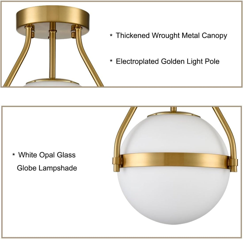 HOLKIRT Modern Light Fixture,Mid Century Semi Flush Mount Ceiling Light,Kitchen Light Fixtures Hallway Light Fixtures Ceiling,Brass Globe Ceiling Light Bedroom with Opal Glass 7Inch/18CM
