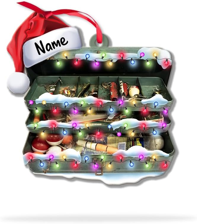 Fishing Tools Box Personalized Fishing Christmas Ornament Fish Ornaments for Christmas Tree Bass Fish Ornaments Fishingman Decor Flat 2D Hanging Tree Fisherman Dad Gift 16