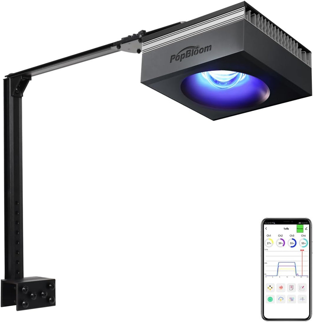 Popbloom RL90 Aquarium LED Reef Light, Smart-APP Control Full Spectrum Marine LED for Saltwater Coral Fish Tanks (Black-with 2nd Arm Kit)