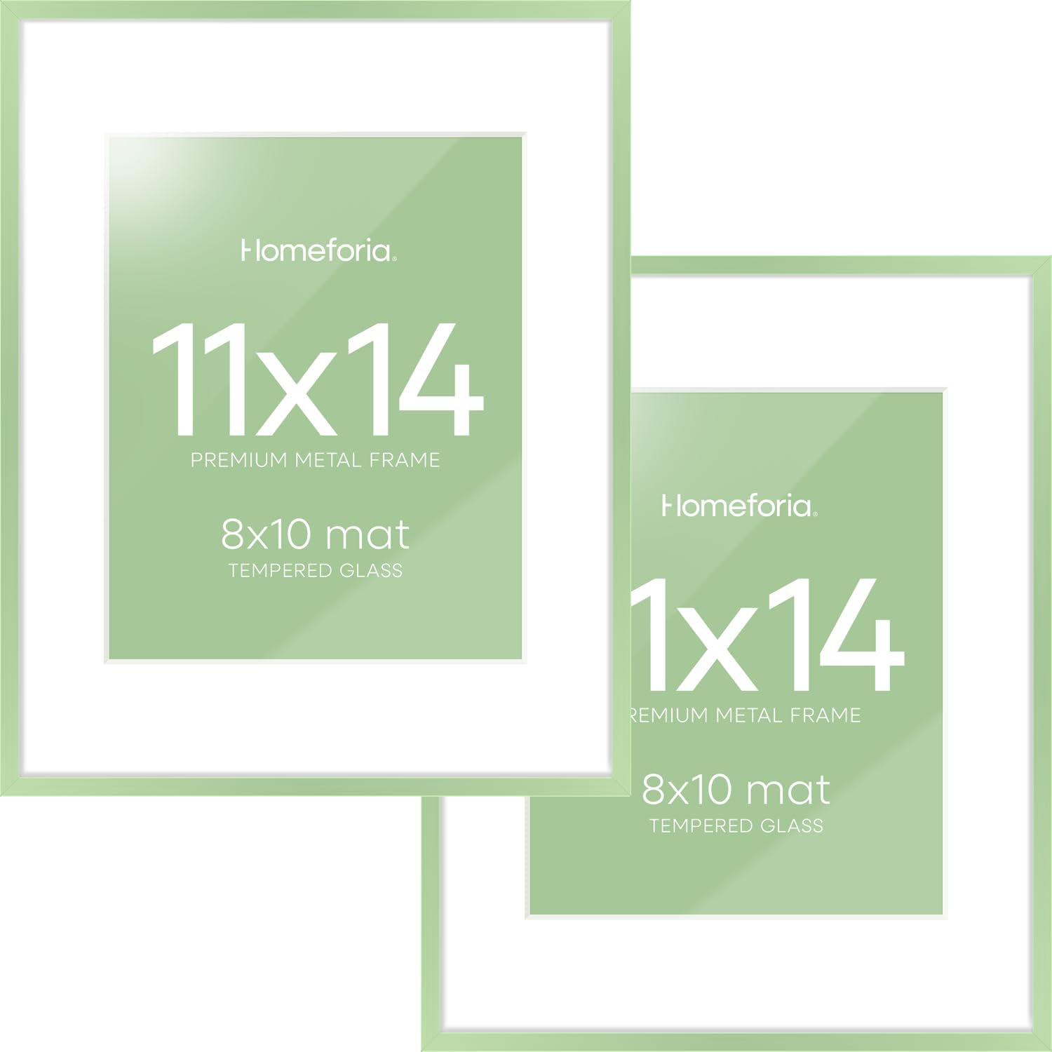 Homeforia 11x14 Picture Frame Sage Green, High End Metal 11x14 Wall Hanging Frame with Mat 8x10, 11 x 14 Poster Frame Matted to 8 x 10 inch Photo, 14x11 Thin Frames, Tempered Glass, Wall Kit, Set of 2