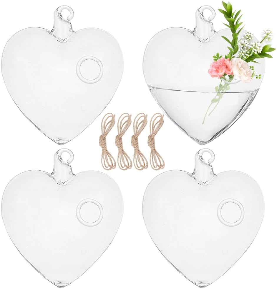 4pcs Glass Hanging Planter Air Fern Holder Hanging Hydroponic Vases with Jute Rope Terrarium Plants Hanger Vase Succulent Planter Terrariums for Moss Air Plants Christmas Decor (Heart)