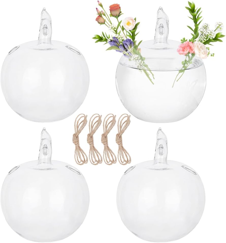 4pcs Glass Hanging Planter Air Fern Holder Hanging Hydroponic Vases with Jute Rope Terrarium Plants Hanger Vase Succulent Planter Terrariums for Moss Air Plants Christmas Decor (Apple)
