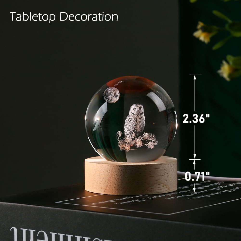 3D Owl Crystal Ball 60mm Owl Figurines in Crystal Ball Decor Collectibles Snow Globes Gift Glass Sphere with Wooden Light Base