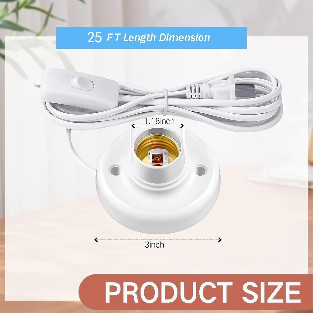 25ft Light Bulb Socket with Cord,Light Socket,E26/ E27 Lamp Base Desktop Cord On/Off Switch Hanging,Light Bulb Socket,Light Socket with Cord