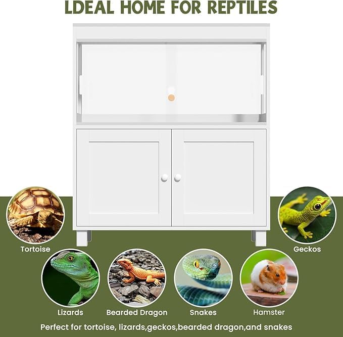 Reptile Terrarium Tank with Storage Cabinet – 60 Gallon Enclosure with Sliding Doors, Mesh Lid, Lock, and Wheels – Snake & Lizard Habitat Stand for Indoor Use