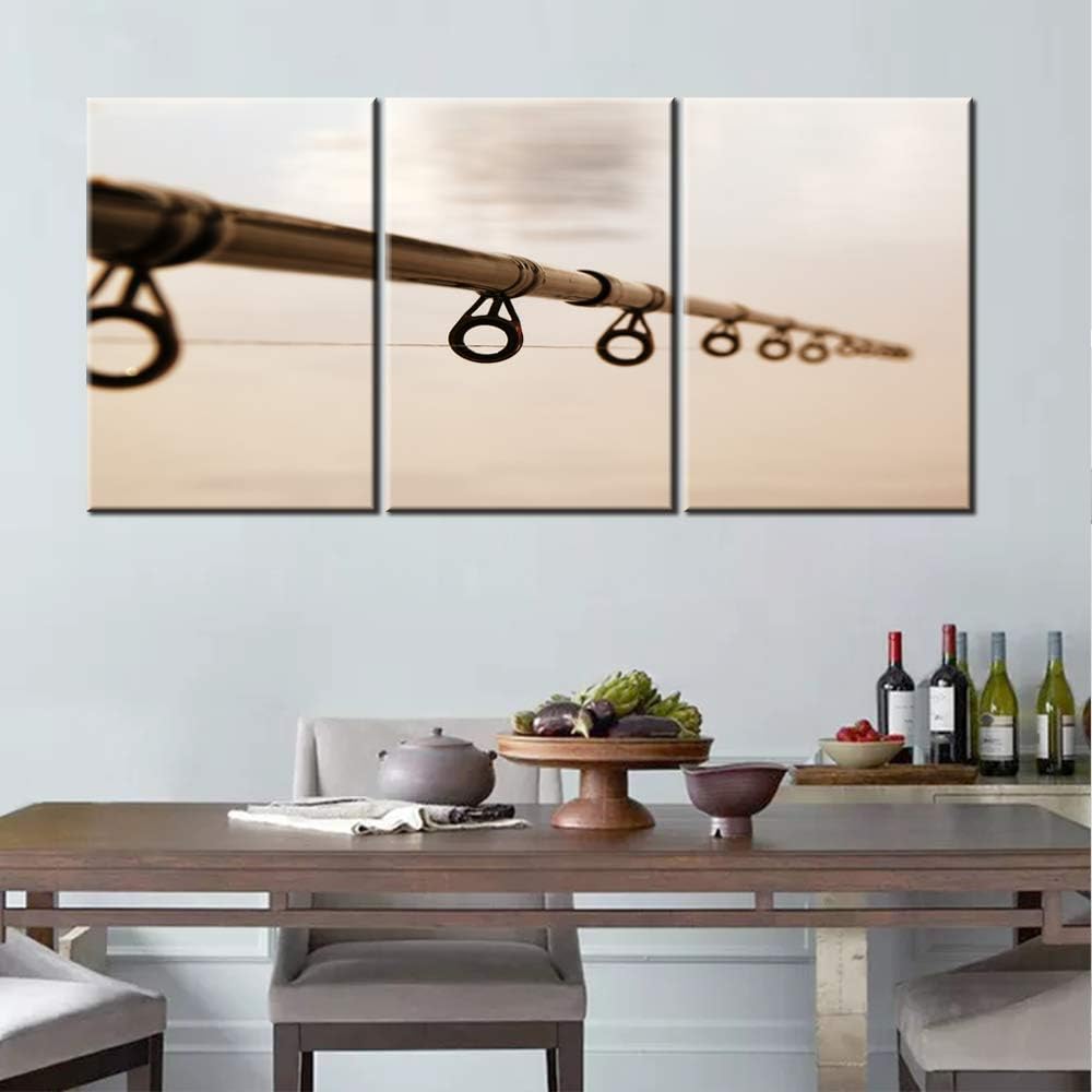 TUMOVO Fishing Rod Picture for Living Room Fishing Tackle Wall Art Angling Artwork 3 Panel Brown Canvas Grunge Paintings Giclee Home Modern Decor Framed Ready to Hang Posters and Prints(48”WX24”H)