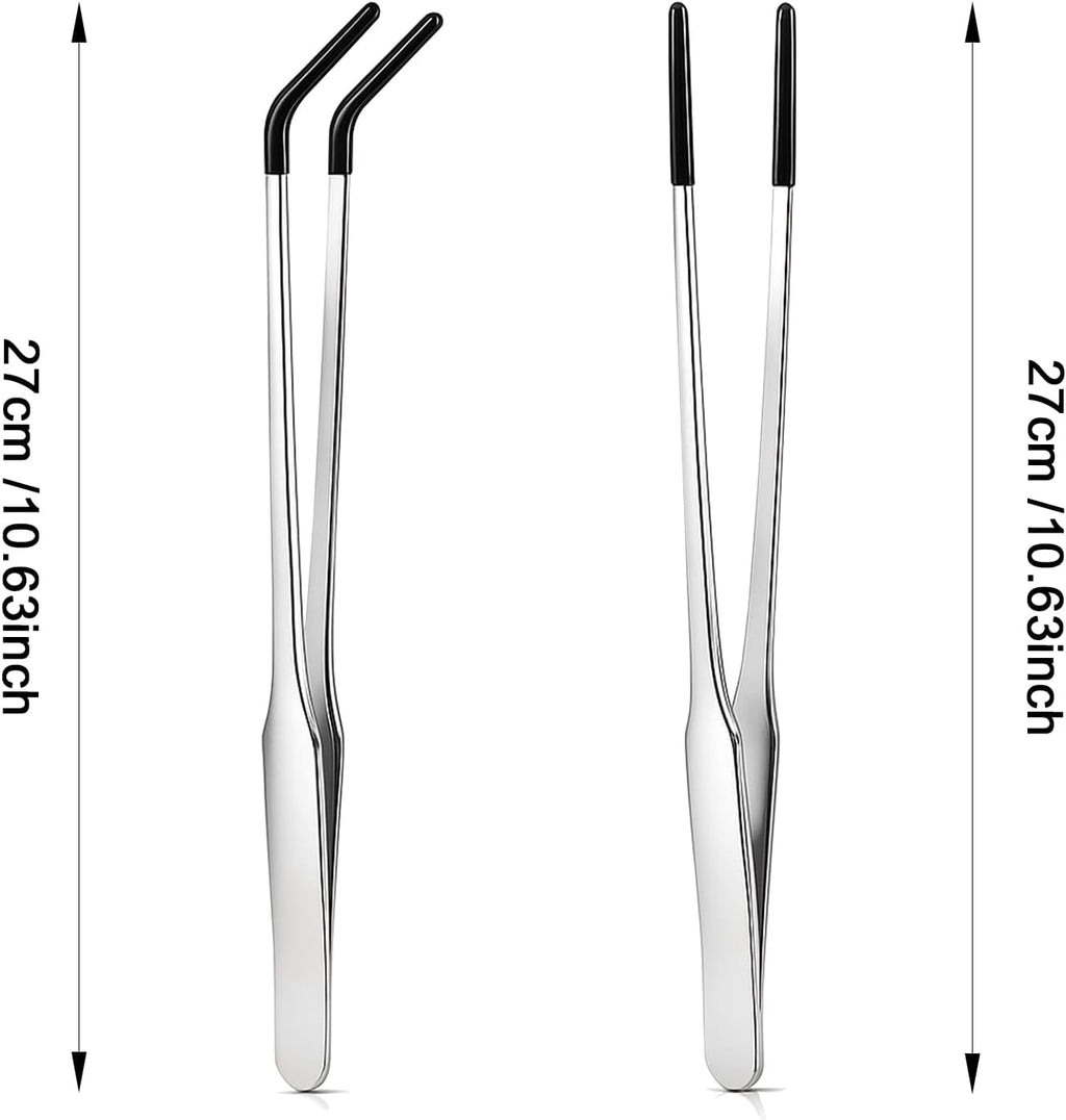 2 Pack Extra Long Stainless Steel Reptile Feeding Tongs with Rubber Tip - 10.6" Straight And Curved Long Tweezers for Aquariums, Feeder for Beard Dragons, Lizard and Snakes (Silver)