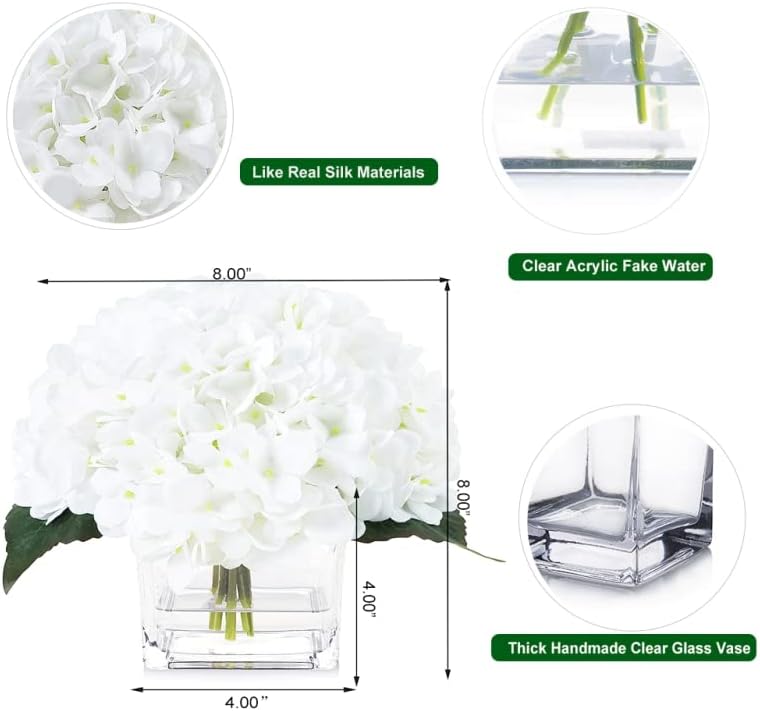 Silk Hydrangea Artificial Flowers in Vase with Faux Water, Silk Flower Arrangements in Vase for Wedding, Dining Table, Living Room (White)