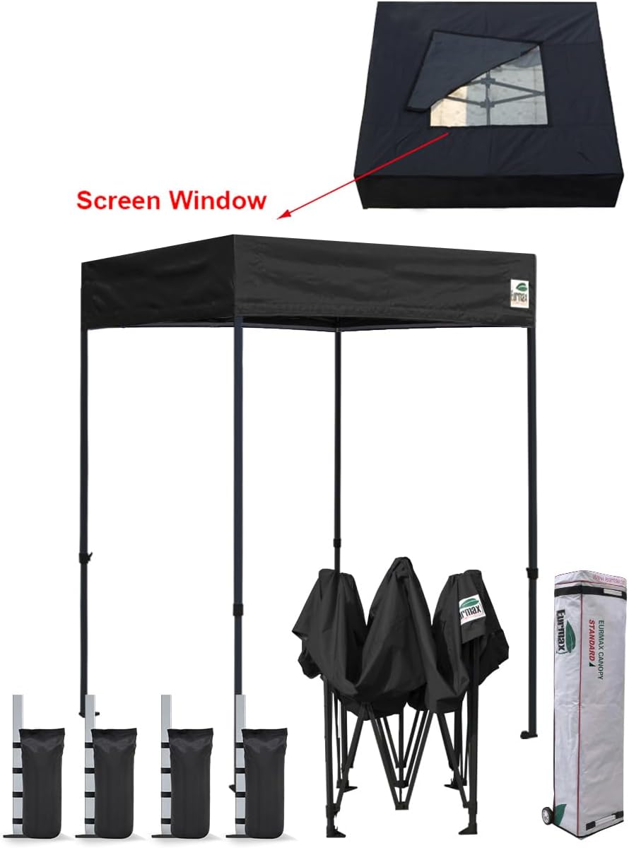 Eurmax USA Printed 5x5 Flat Top Pop Up Canopy Tent Commercial Instant Canopies with Heavy Duty Roller Bag,Bonus 4 Sand Weights Bags (Black with Screen Window)