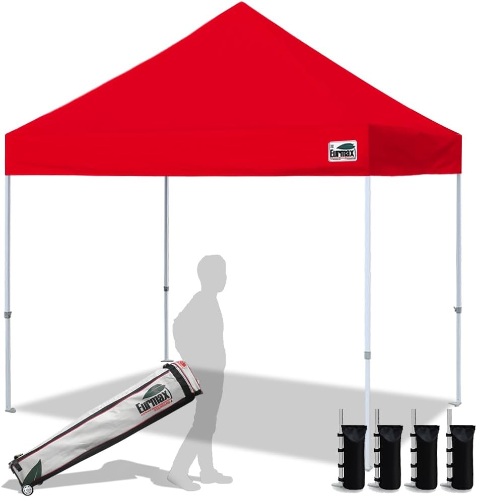 Eurmax USA 8'x8' Pop Up Canopy Tent Commercial Instant Canopies with Heavy Duty Roller Bag,Bonus 4 Sand Weights Bags (Red)