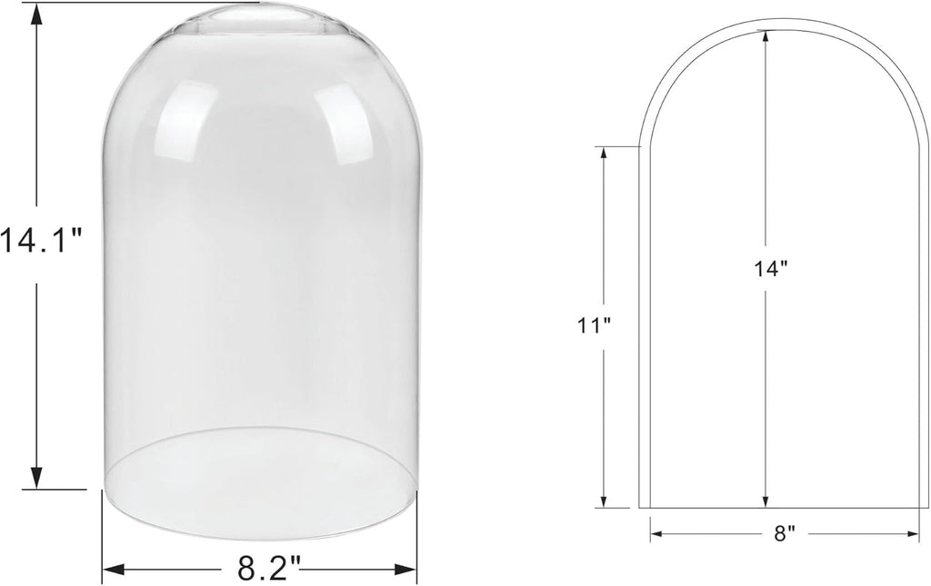 14" Tall Clear Glass Display Cloche, Dome Shape for Terrarium, Plants, Trinkets, Cakes, Figurines, LED Light String, Candle. Cloche Glass Dome, Bell Jar Display Case (1, 8"x14")