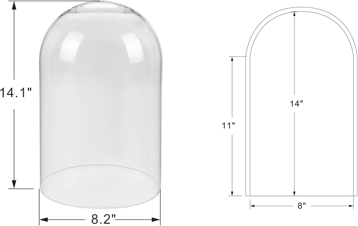 14" Tall Clear Glass Display Cloche, Dome Shape for Terrarium, Plants, Trinkets, Cakes, Figurines, LED Light String, Candle. Cloche Glass Dome, Bell Jar Display Case (1, 8"x14")
