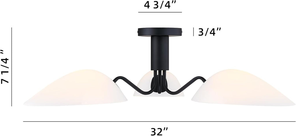 MEXO Modern Black 3-Light Ceiling Light with Opal White Glass Shade Semi Flush Mount Ceiling Light for Living Room Hallway Sputnik Chandelier Lighting Fixture