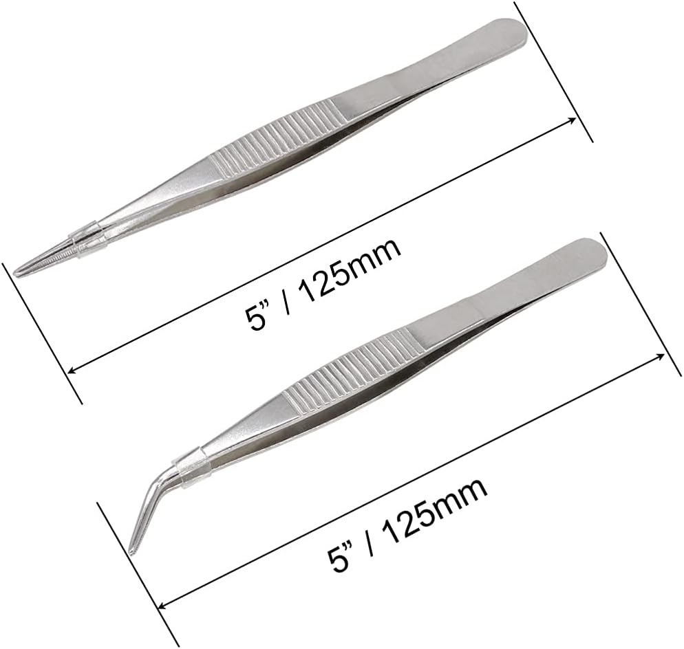 5 Inch Stainless Steel Tweezers with Straight and Curved Serrated Tip Multipurpose Forceps for Craft Repairing 2 Pack