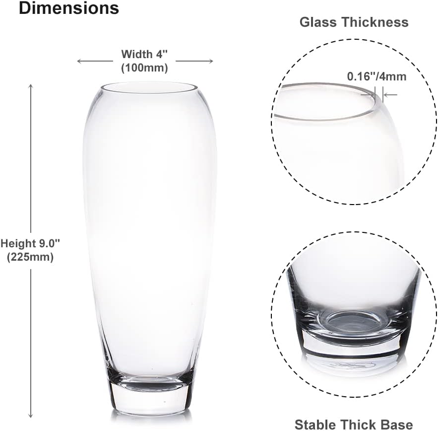 Enova Floral Oval Domed Glass Vase for Flowers, 4" W 9" H Clear Large Domed Bullet Cylinder Floral Vase for Home Decor, Wedding Centerpiece Event (1 Piece)