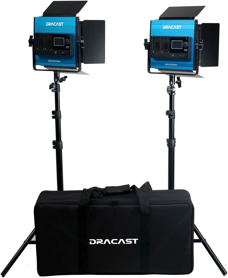 Dracast X Series Bicolor LED500 Kit - 2 Pack Includes Panel Lights, Stands, Barndoors, Travel Case | Bluetooth App Control | 3200K - 5600K LED Video Light Kit | Dimmable Lighting 0-100% | CRI TLCI 96+