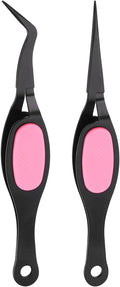 HARFINGTON 2pcs Craft Tweezers Precision Crossing Lock Curved Straight Stainless Steel Soft Reverse Grip Fine Tip Tweezers for DIY Craft Jewelry Beading Electronics, Black Pink