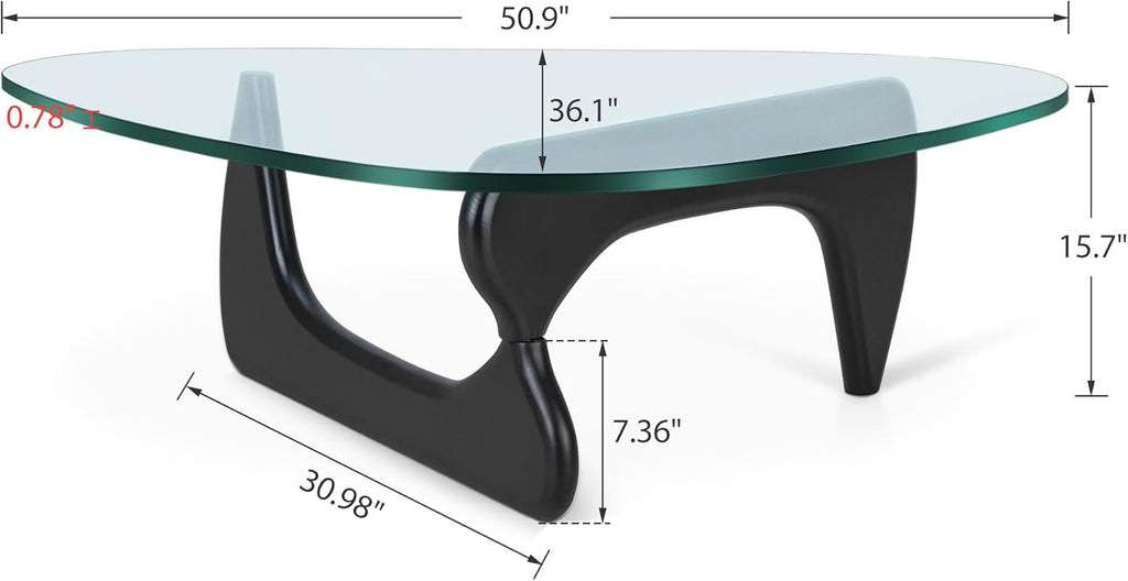 Triangle Glass Coffee Table Modern Noguchi Coffee Table, Vintage Glass, and Wood End Table, Solid Wood Base and Clear Glass Top Accent Coffee Table, for Living Room, Patio