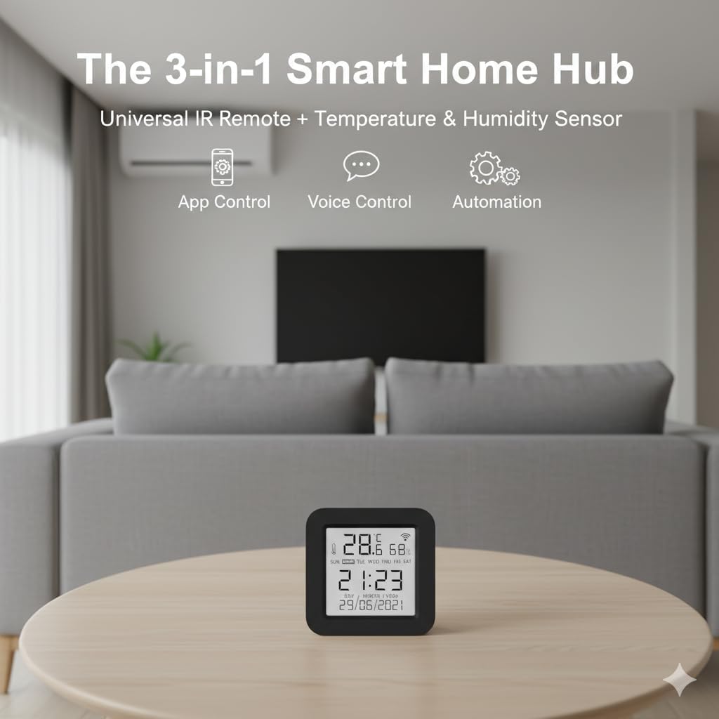 Smart WiFi IR Remote Controller with Temperature & Humidity Sensor – 3-in-1 Universal IR Hub for AC, TV, Fan, Compatible with Alexa & Google Assistant