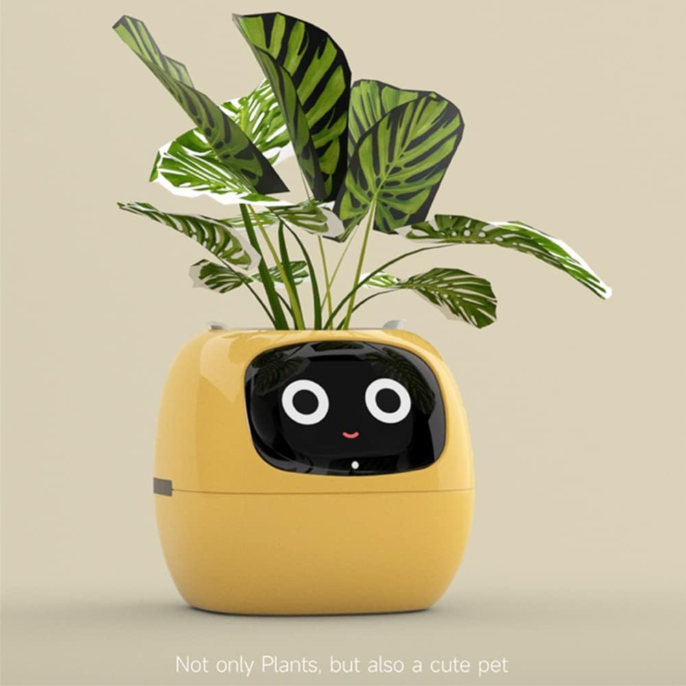 Intelligent flower pot, electronic bud, maintenance plant assistant, fun interactive flower pot, indoor green planting monitoring, LCD screen display, cell phone APP connection (Yellow)