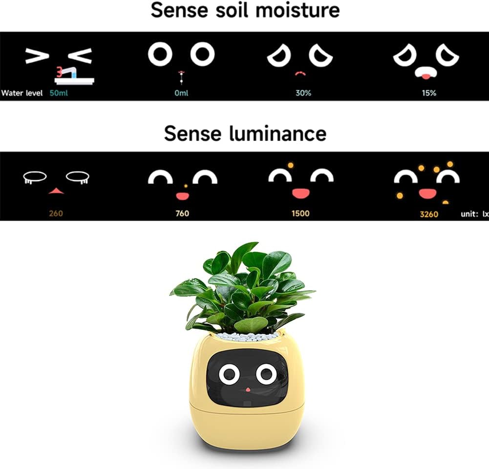 Intelligent flower pot, electronic bud, maintenance plant assistant, fun interactive flower pot, indoor green planting monitoring, LCD screen display, cell phone APP connection (Yellow)