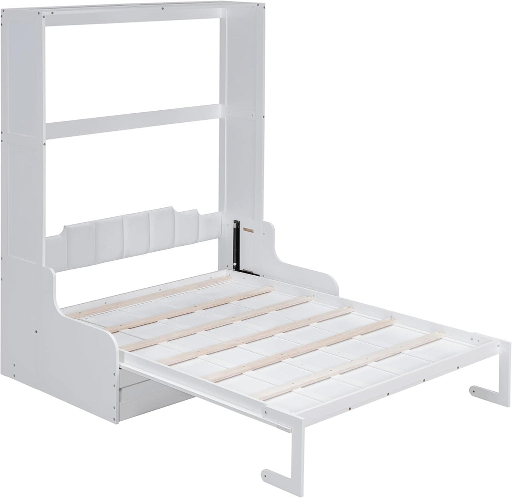 MERITLINE Queen Murphy Bed with Sofa,Wood Folding Murphy Wall Bed Cabinet with Couch (White)