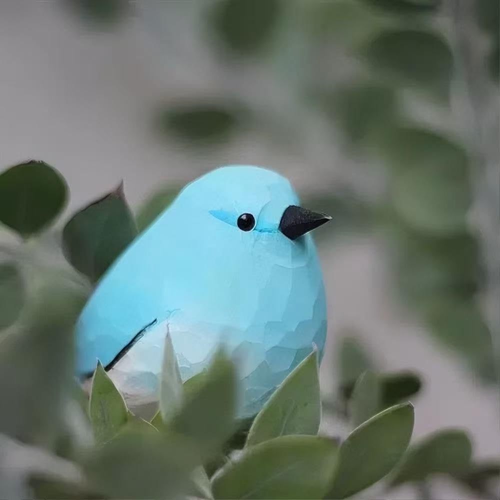 Handmade Wooden Blue Robin Figurine – 3.7" Carved & Hand-Painted Bird Statue, Desktop & Home Decor, Rustic Art, Gift for Bird Lovers