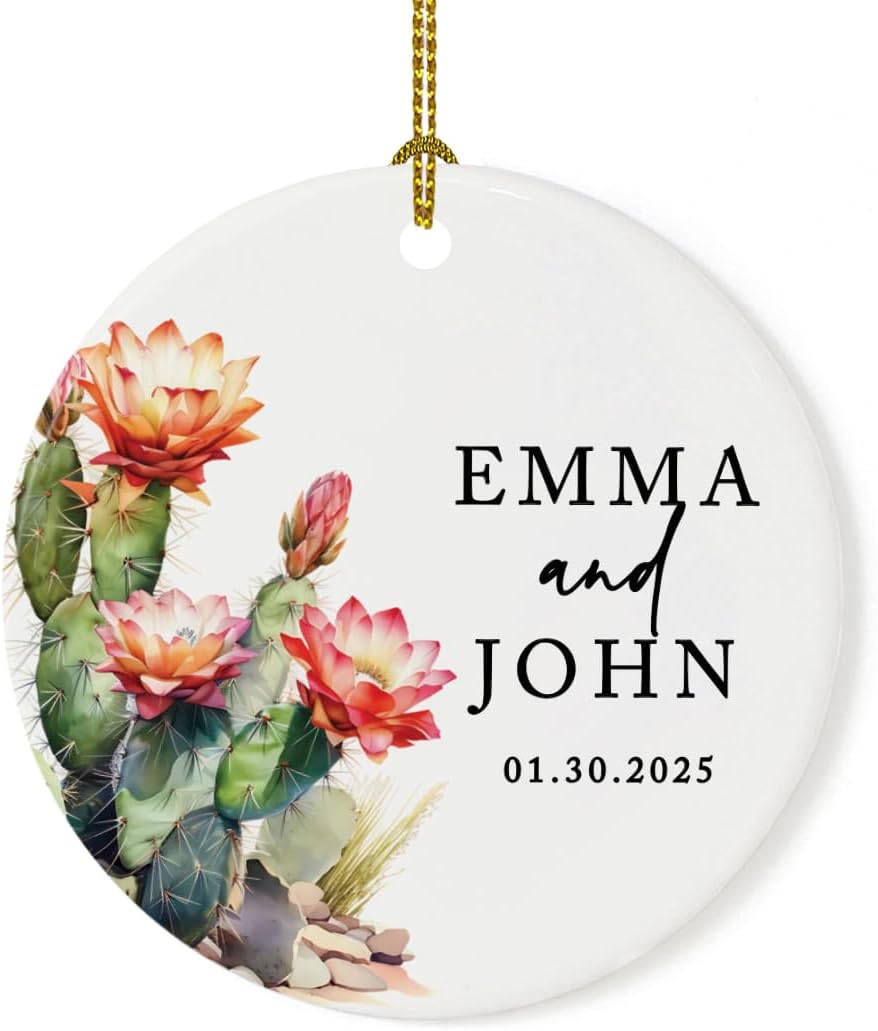Andaz Press 2.8" Ceramic Porcelain Personalized Christmas Cactus Ornament, Flowering Cactus, Custom Cactus Christmas Ornaments, Succulent Ornament Cactus Decor, Wedding, Engagement Gift for Couples