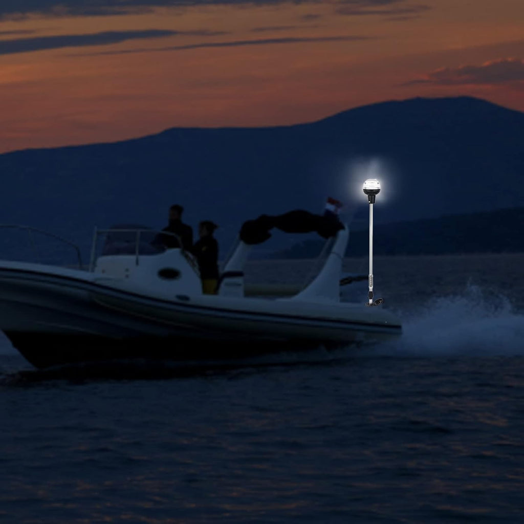 Boat Stern Light Anchor Light LED Marine Navigation Lights Spring Flexible Pole All Round White USCG 2 NM Removable 2 Pin Plug In with Threaded Base 12 Volts 36 Inches (Anodized Aluminum Pole)