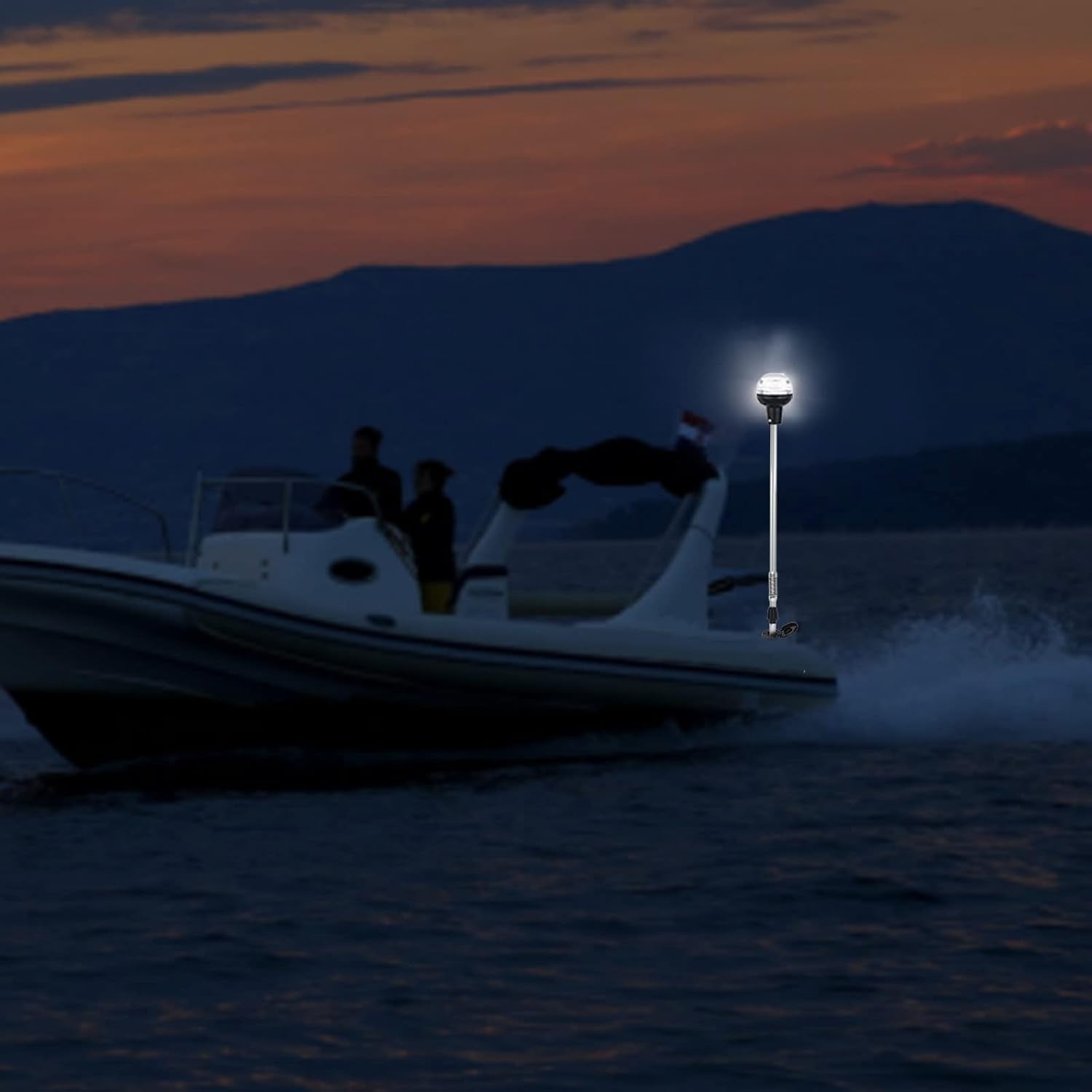 Boat Stern Light Anchor Light LED Marine Navigation Lights Spring Flexible Pole All Round White USCG 2 NM Removable 2 Pin Plug In with Threaded Base 12 Volts 36 Inches (Anodized Aluminum Pole)