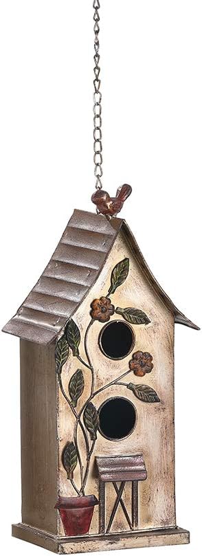 Jemeni 15" H Distressed Metal Birdhouses for Outdoors Hanging, Bird House Decorative for Outside Garden Yard, Double Hole with Floral Accents…………