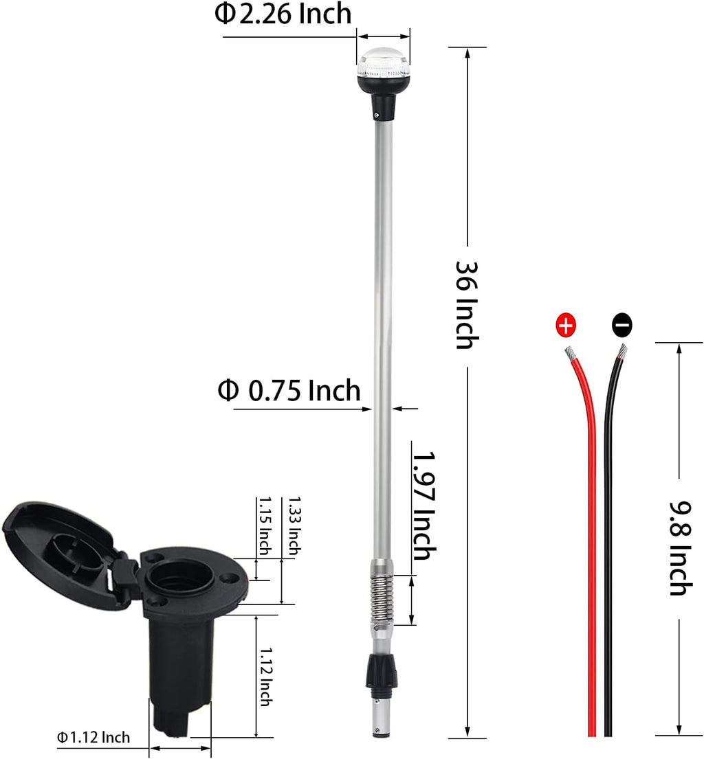 Boat Stern Light Anchor Light LED Marine Navigation Lights Spring Flexible Pole All Round White USCG 2 NM Removable 2 Pin Plug In with Threaded Base 12 Volts 36 Inches (Anodized Aluminum Pole)