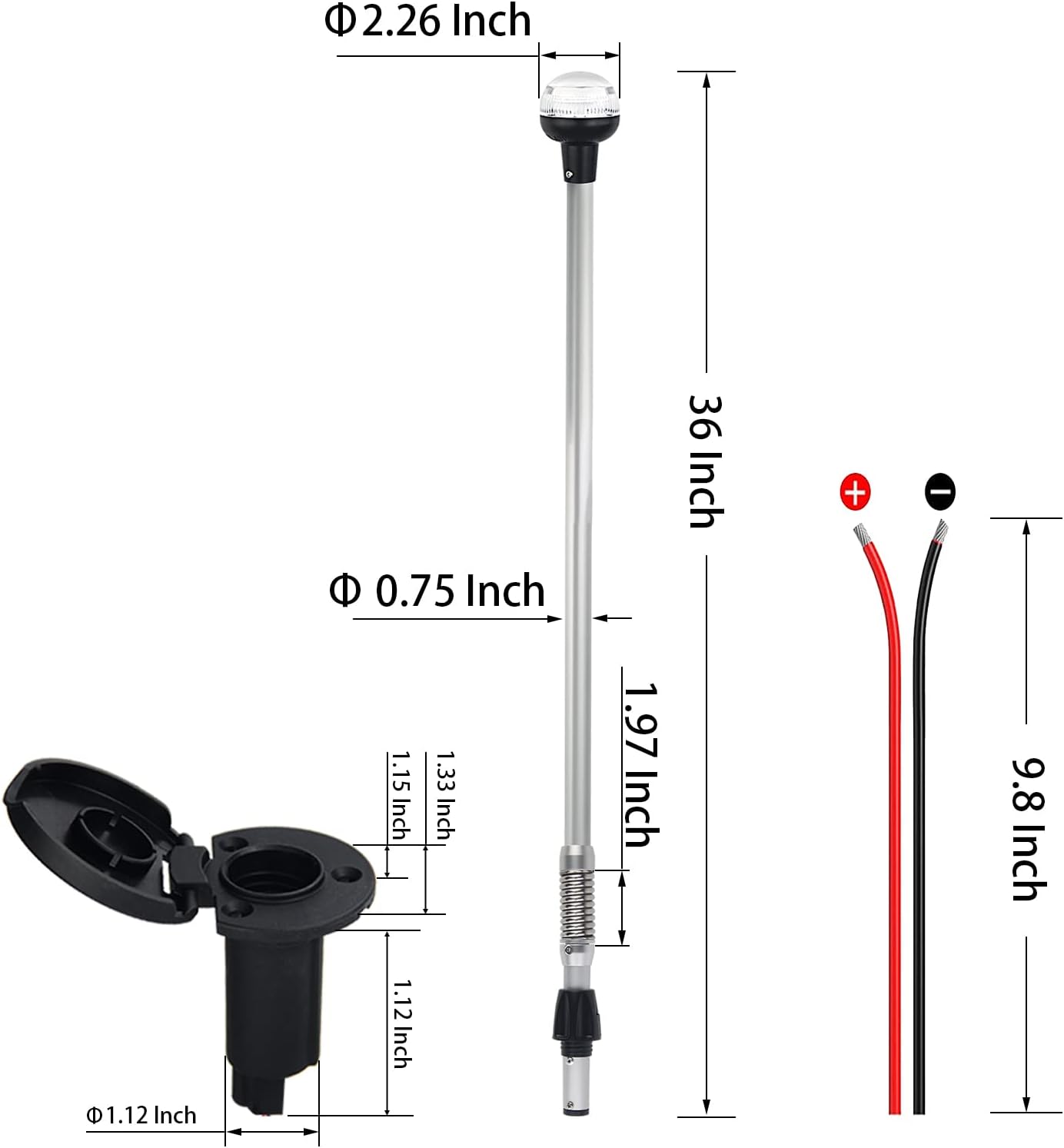 Boat Stern Light Anchor Light LED Marine Navigation Lights Spring Flexible Pole All Round White USCG 2 NM Removable 2 Pin Plug In with Threaded Base 12 Volts 36 Inches (Anodized Aluminum Pole)