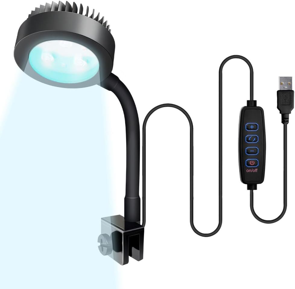 DONGKER Clip On Aquarium LED Light,10-Level Brightness Adjustment Aquarium Full Spectrum Light with 3h/9h/12h Timer & 360° Rotation Lamp Rod for Tank Thickness 0.7cm/0.3" or Less