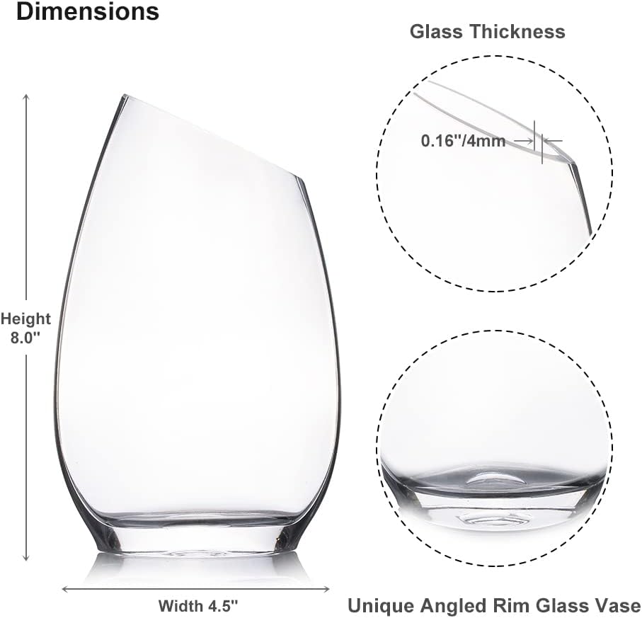Enova Floral Unique Angled Rim Clear Glass Vase 4.5" W 8.0" H, Decorative Flower Vase for Home Decor Indoor, Wedding Centerpiece Event (1 Piece)