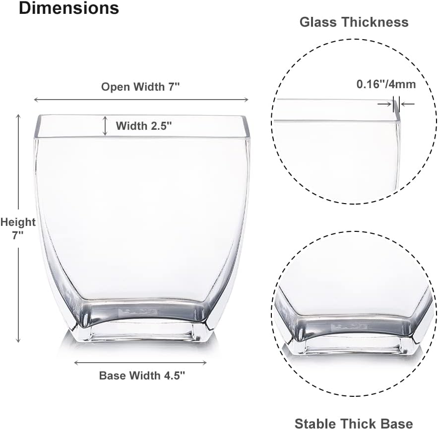 Enova Floral Clear Rectangle Glass Vases, 7x7x2.5 Inch Block Glass Vase for Flowers, Square Glass Vase for Wedding Centerpieces, Home Décor (1 Piece)