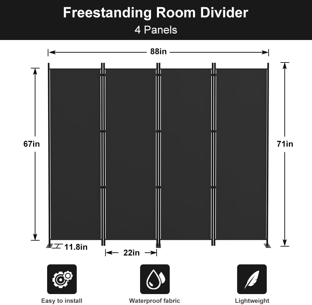 Kokorona 4 Panel Room Divider, 6FT Tall Folding Privacy Screen Wall Dividers, Portable Privacy Screen Freestanding Room Divider for Room Separation, Included - Cover Strips, Black, 88''W x 71''H