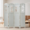 Wood Room Divider 4 Panel 5.6Ft Carved Room Divider and Folding Privacy Screen, Minimalism Portable Partition Screen Divider for Room Separation, Room Decoration for Home Office - White