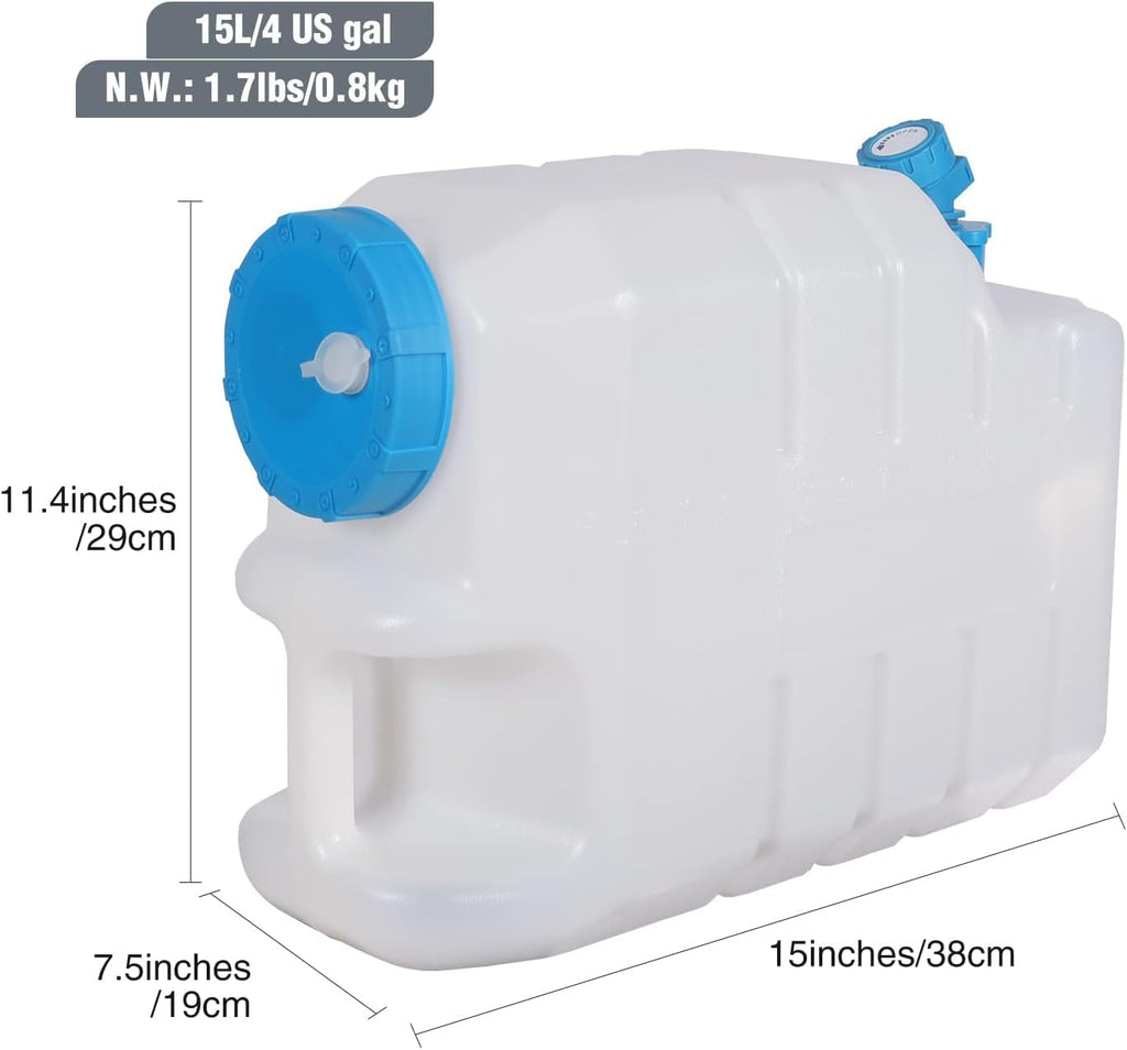 3.9 Gallon/15L Water Container with Spigot, Portable BPA Free Water Jug, Multifunction Water Tank for Camping Outdoor Hiking Picnic Supplies, 4 Pack