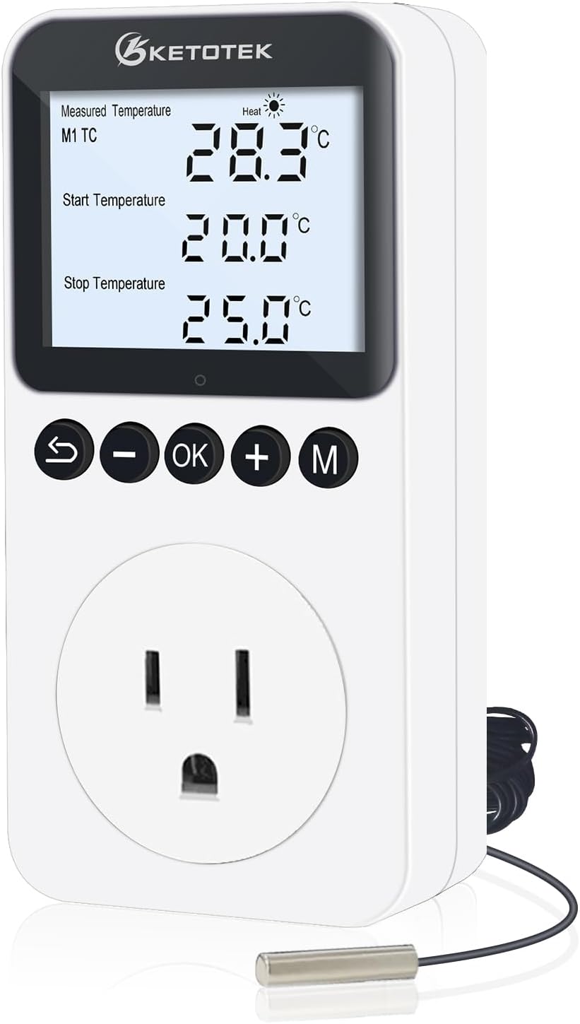 KETOTEK Plug in Thermostat Timer Temperature Controller Outlet with Backlight, Day/Night Thermostat Outlet Plug with Sensor for Reptile Terrarium Greenhouse, Digital Heating Cooling Temperature Switch