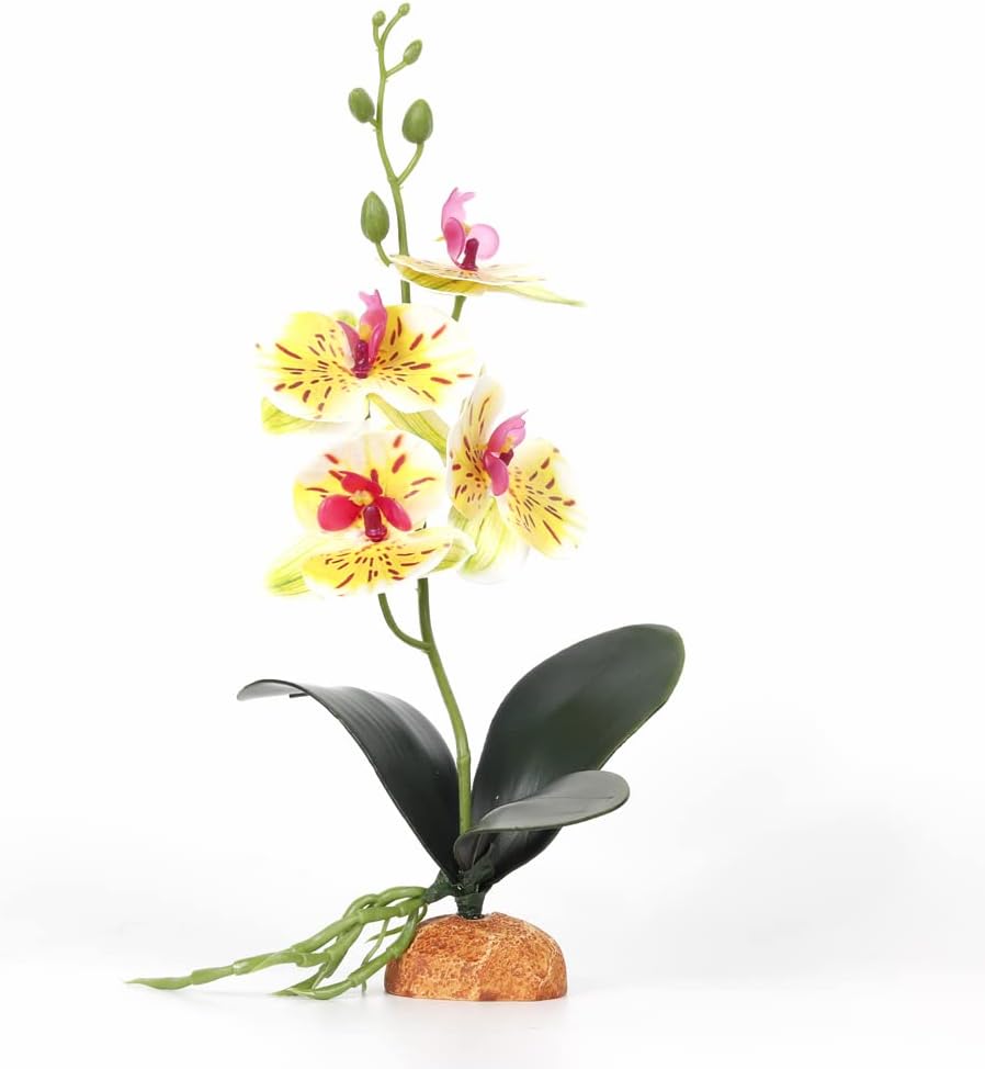 Fake Orchids Artificial Flowers, Reptile Terrarium Decor Plants, Bearded Dragon Tank Habitat Accessories fit Crested Gecko Leopard Lizard Chameleon Ball Python Snake Frog - White