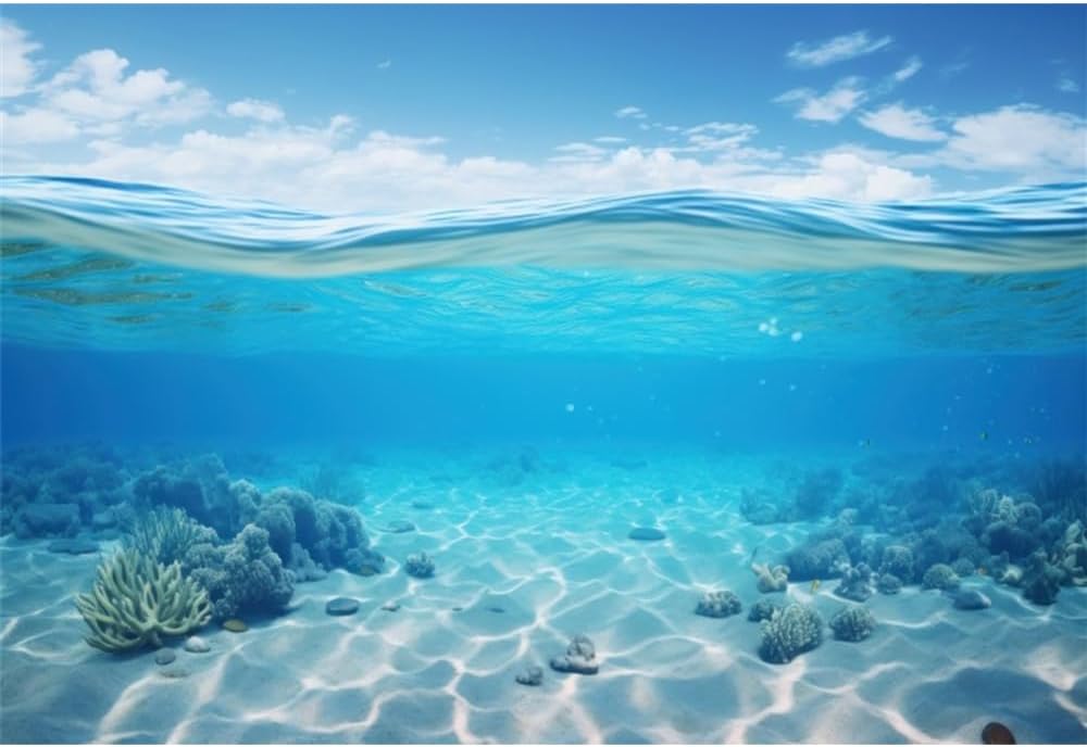 Renaiss 6x4ft Underwater Seascape Backdrop Blue Sky Sea Level Undersea Background Under The Sea Water Diving Mermaid Party Banner Sunlight Corals Seabed Fish Tank Aquarium Decor Photo Booth Props