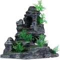 AnRui Aquarium Mountain View Rock Landscaping Decorations Fish Tank Resin Rock Hiding Cave Ornaments with Small Plant