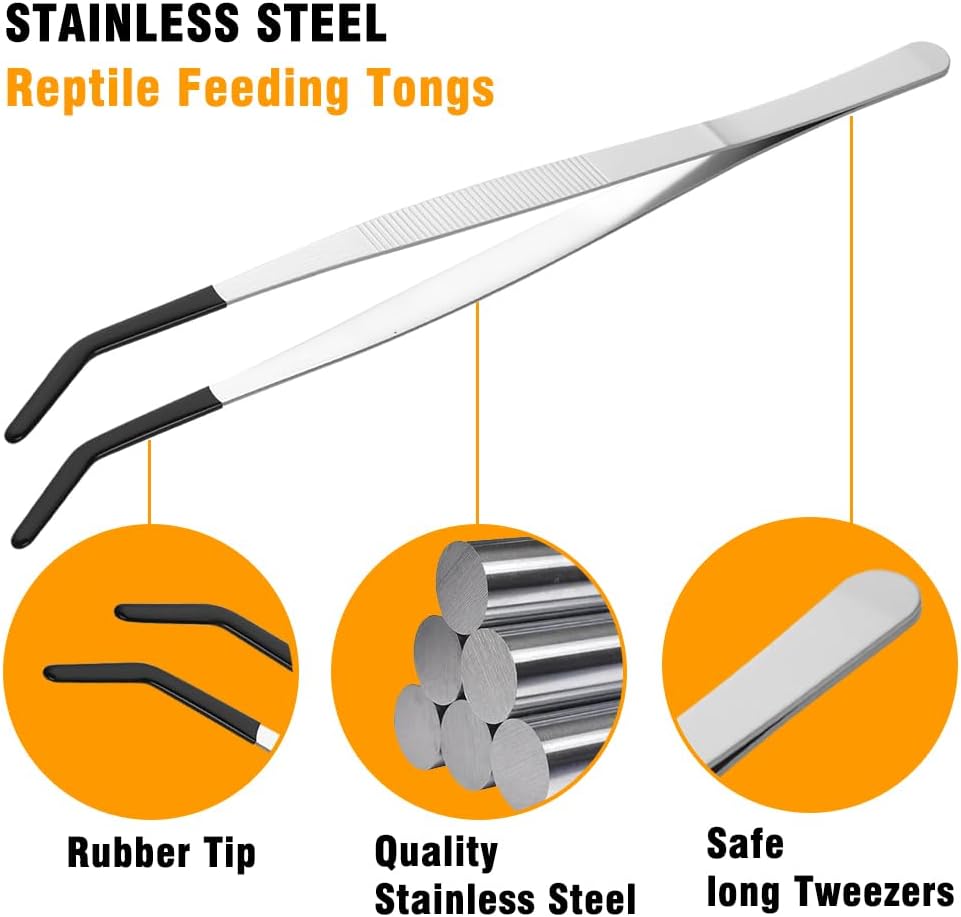 2-Pack Reptile Feeding Tongs with Soft Rubber Tips - 10" & 11.8" Extra Long Curved/Straight Aquarium Tweezers for Bearded Dragons, Snake Feeding & Terrarium Maintenance,Stainless Steel