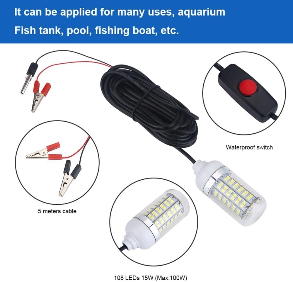 ‌12V 15W 108-LED Fishing Light IP68 Water Proof Submersible Underwater Lamp with 5M Cord for Night Fishing, Boats & Rafting
