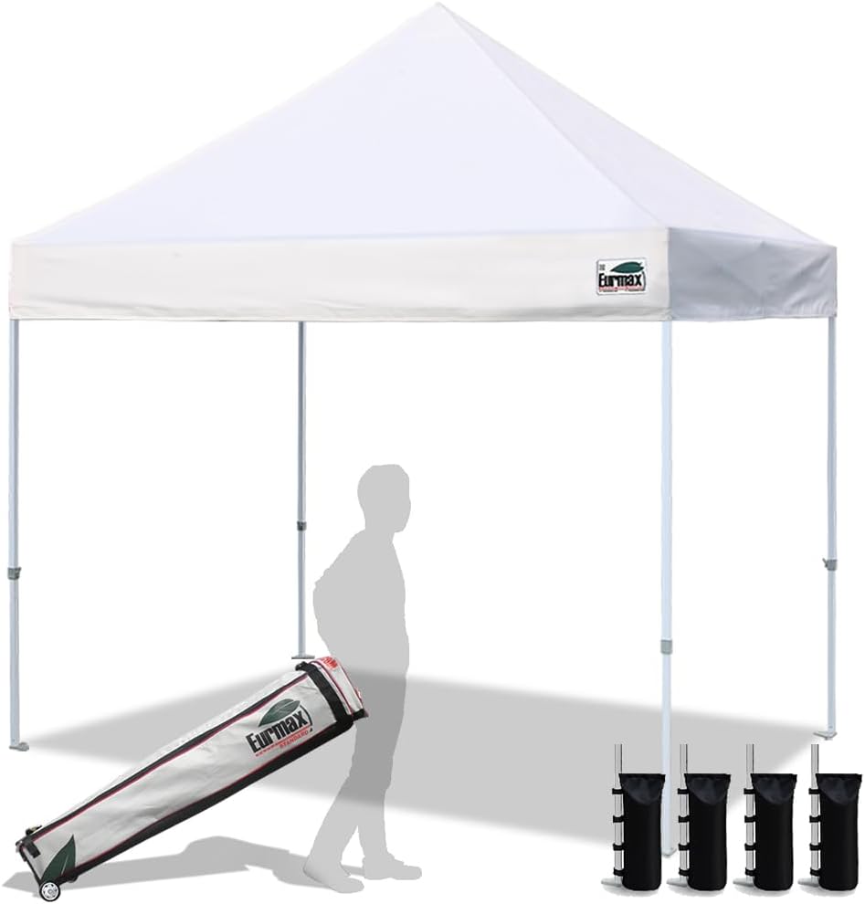 Eurmax USA 8'x8' Pop Up Canopy Tent Commercial Instant Canopies with Heavy Duty Roller Bag,Bonus 4 Sand Weights Bags (White)
