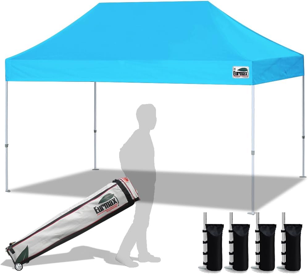 Eurmax USA 10'x15' Pop Up Canopy Tent Commercial Instant Canopies with Heavy Duty Roller Bag,Bonus 4 Sand Weights Bags (Sky Blue)