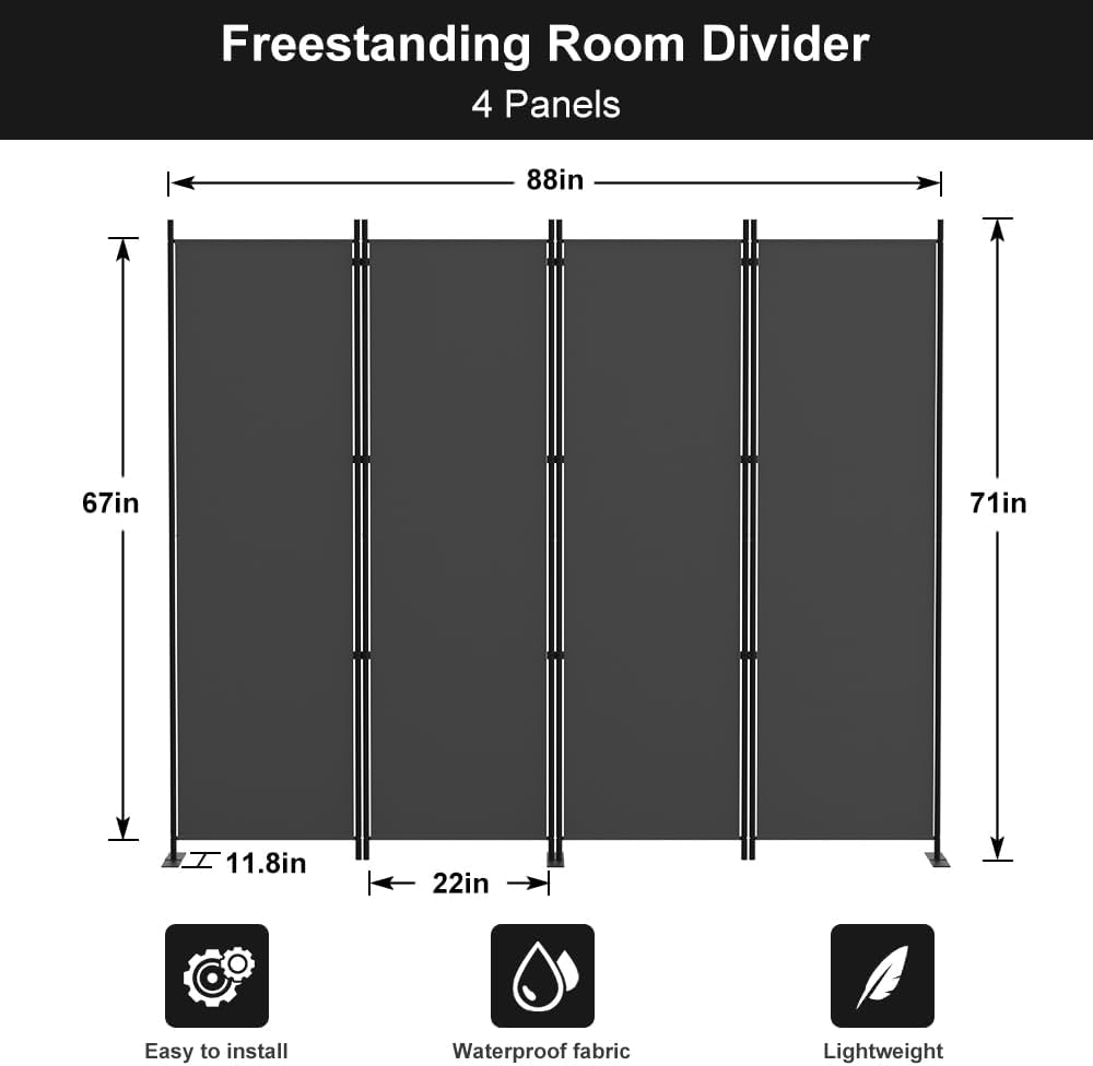 Kokorona 4 Panel Room Divider, 6FT Tall Folding Privacy Screen Wall Dividers, Portable Privacy Screen Freestanding Room Divider for Room Separation, Included - Cover Strips, Grey, 88''W x 71''H