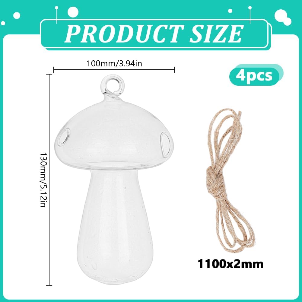 4pcs Glass Hanging Planter Air Fern Holder Hanging Hydroponic Vases with Jute Rope Terrarium Plants Hanger Vase Succulent Planter Terrariums for Moss Air Plants Christmas Decor (Mushroom)