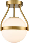 HOLKIRT Modern Light Fixture,Mid Century Semi Flush Mount Ceiling Light,Kitchen Light Fixtures Hallway Light Fixtures Ceiling,Brass Globe Ceiling Light Bedroom with Opal Glass 7Inch/18CM